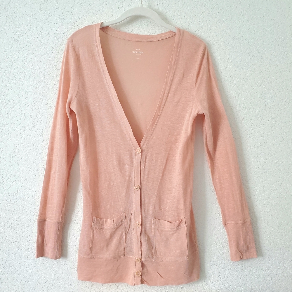 J. Crew 100% Linen Blush Pink Long Boyfriend Cardigan Sweater XS Preppy - Picture 2 of 14